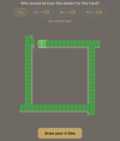 Mahjong Night tutorial: the wall broken open, with East about to draw the first four tiles